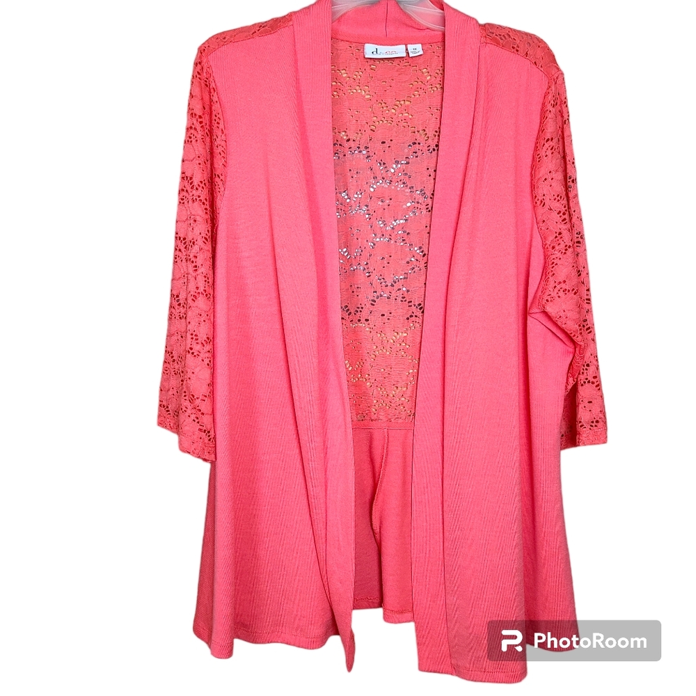 Denim & Co Size 1X Coral Heavenly Jersey Peplum Hem Kimono Lace Sleeves Back NEW